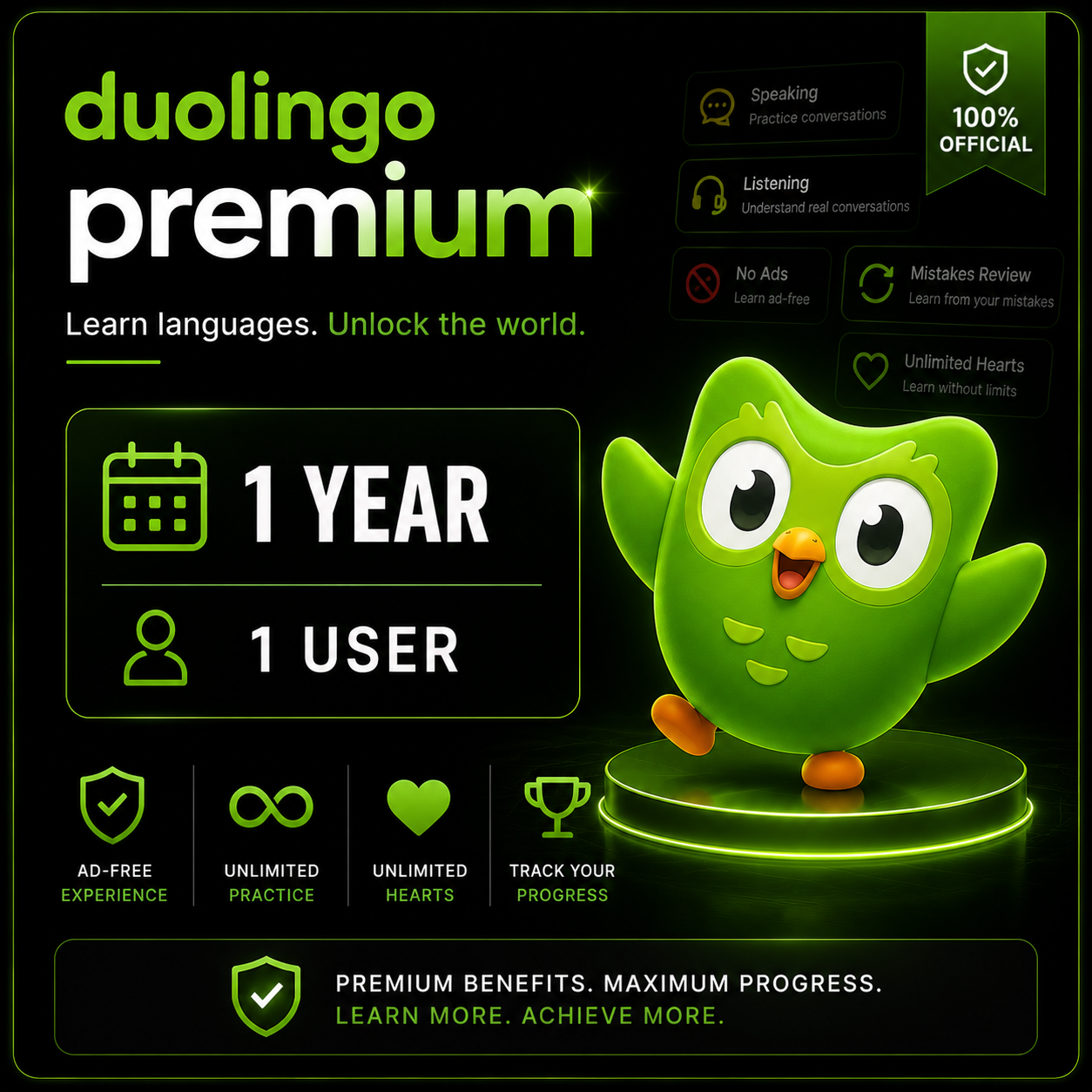 Duolingo Premium - 1 Year - 1 User